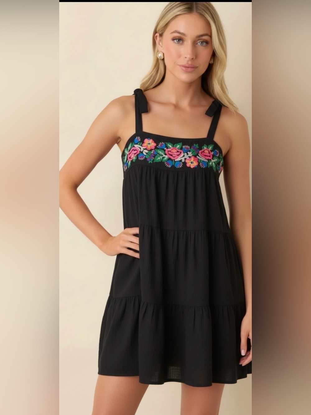 Urban Outfitters Black Sundress with Bright Floral Embroidery